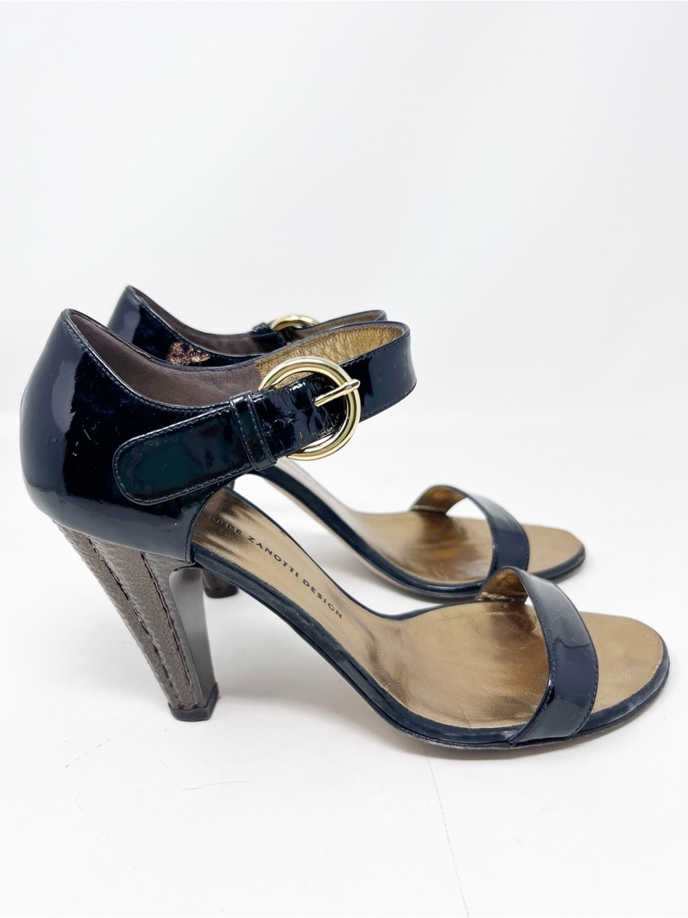 GIUSEPPI ZANOTTI DESIGN BLACK PATENT CONE HEEL SANDALS WOMENS 38/8
